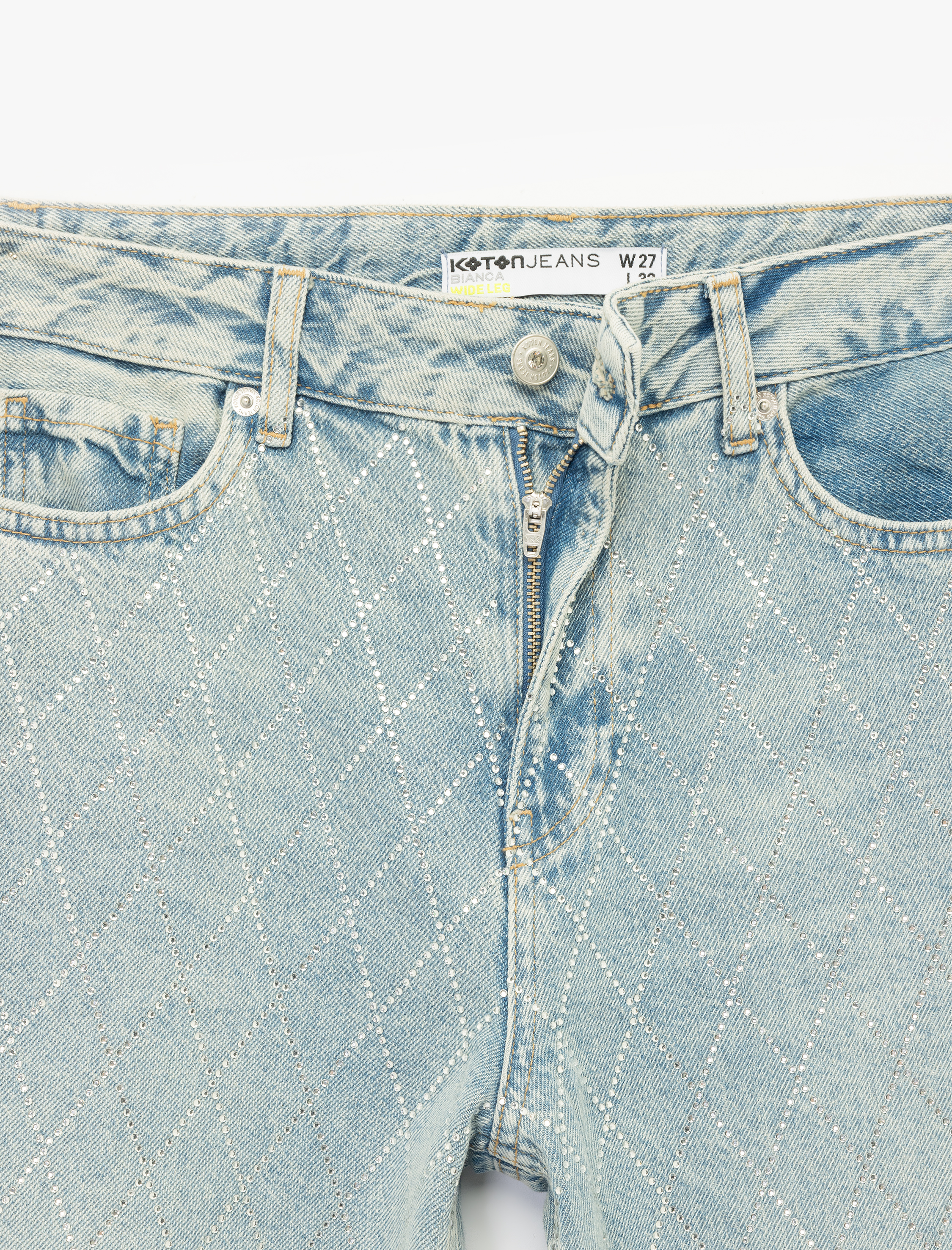   Normal Bel Geniş Paça Taş Detaylı Pamuklu Jean Pantolon - Wide Leg Jeans