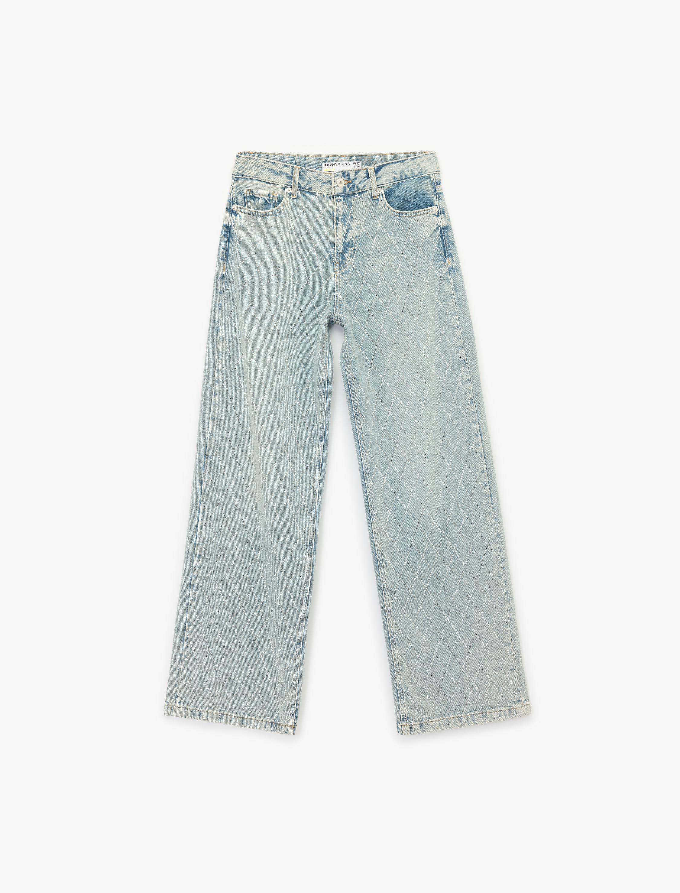   Normal Bel Geniş Paça Taş Detaylı Pamuklu Jean Pantolon - Wide Leg Jeans