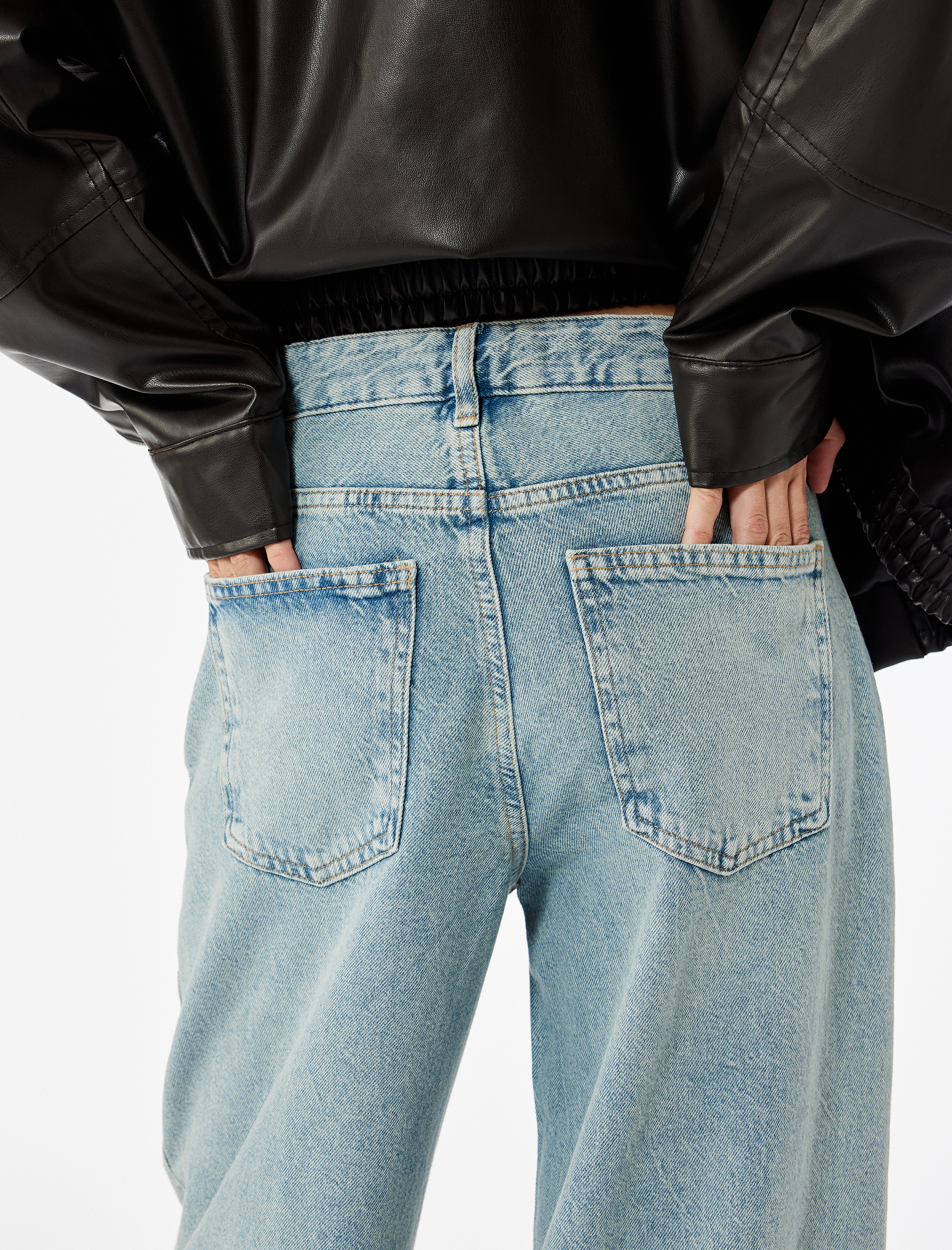   Normal Bel Geniş Paça Taş Detaylı Pamuklu Jean Pantolon - Wide Leg Jeans