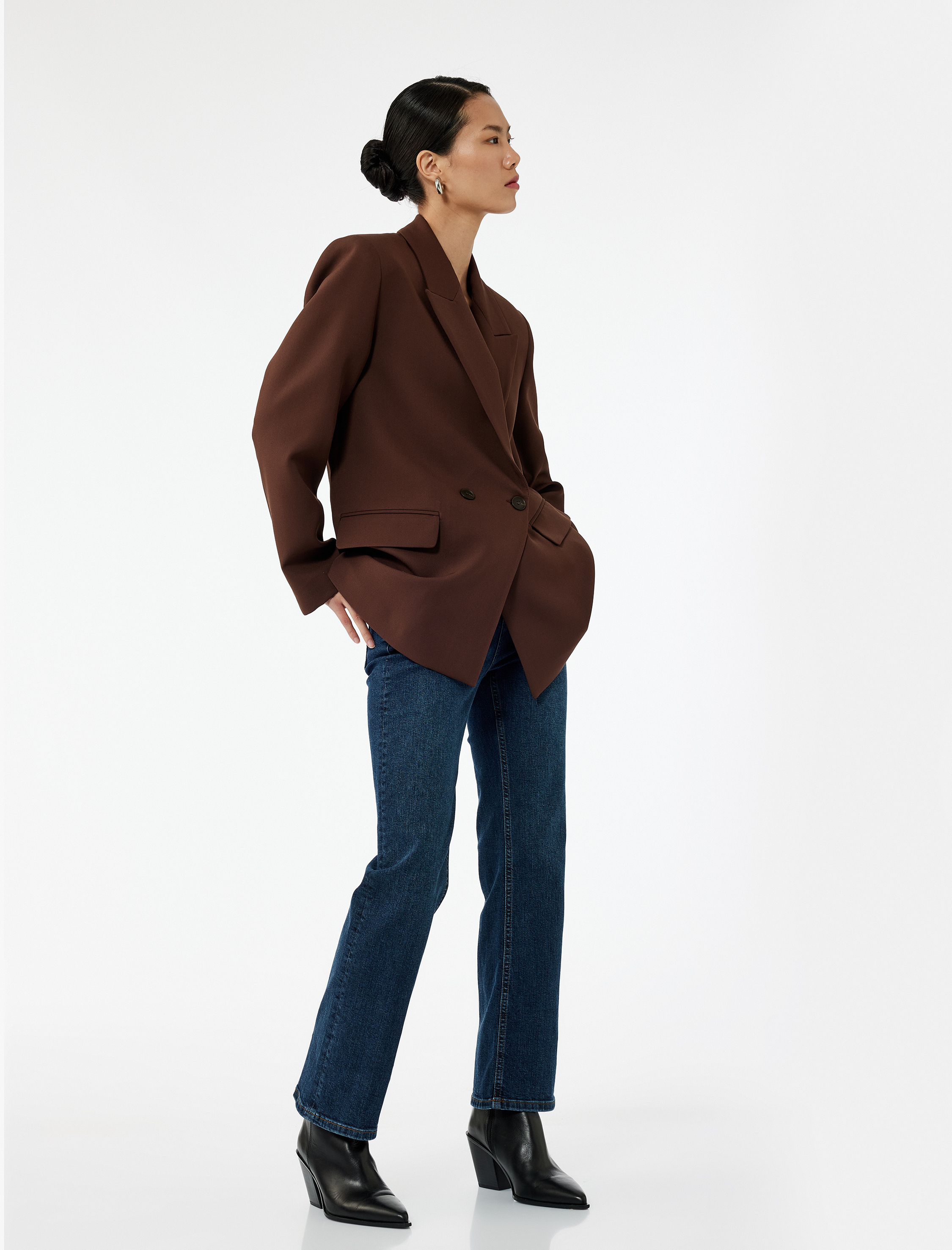   Yüksek Bel Dar Kalıp Düğmeli Cepli İspanyol Paça Crop Jean Pantolon - Flare Jeans