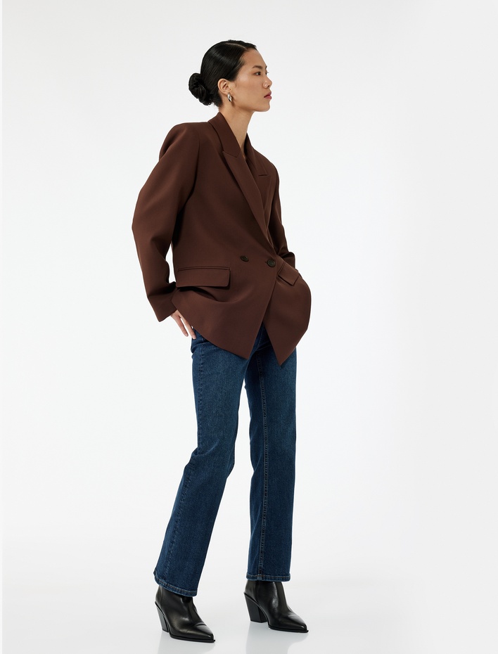  Yüksek Bel Dar Kalıp Düğmeli Cepli İspanyol Paça Crop Jean Pantolon - Flare Jeans