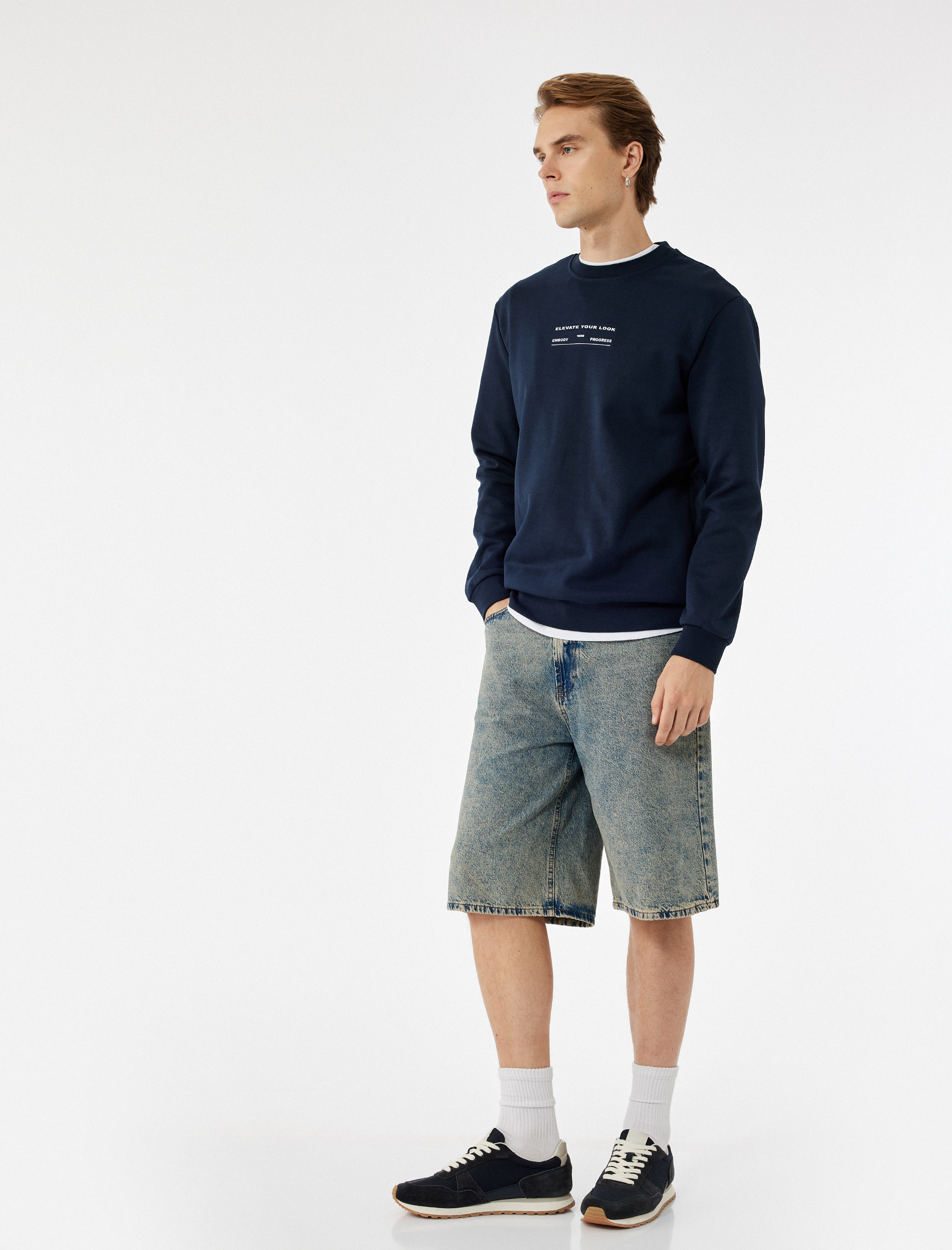   Uzun Kollu Pamuklu Bisiklet Yaka Baskılı Sweatshirt