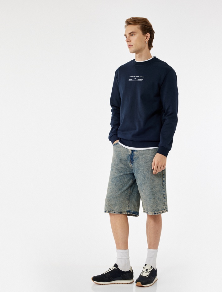  Uzun Kollu Pamuklu Bisiklet Yaka Baskılı Sweatshirt