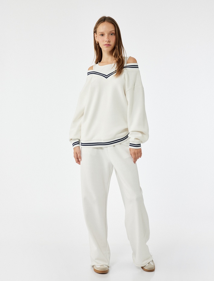  Çizgi Detaylı Uzun Kollu Çift Yaka Rahat Kalıp Sweatshirt