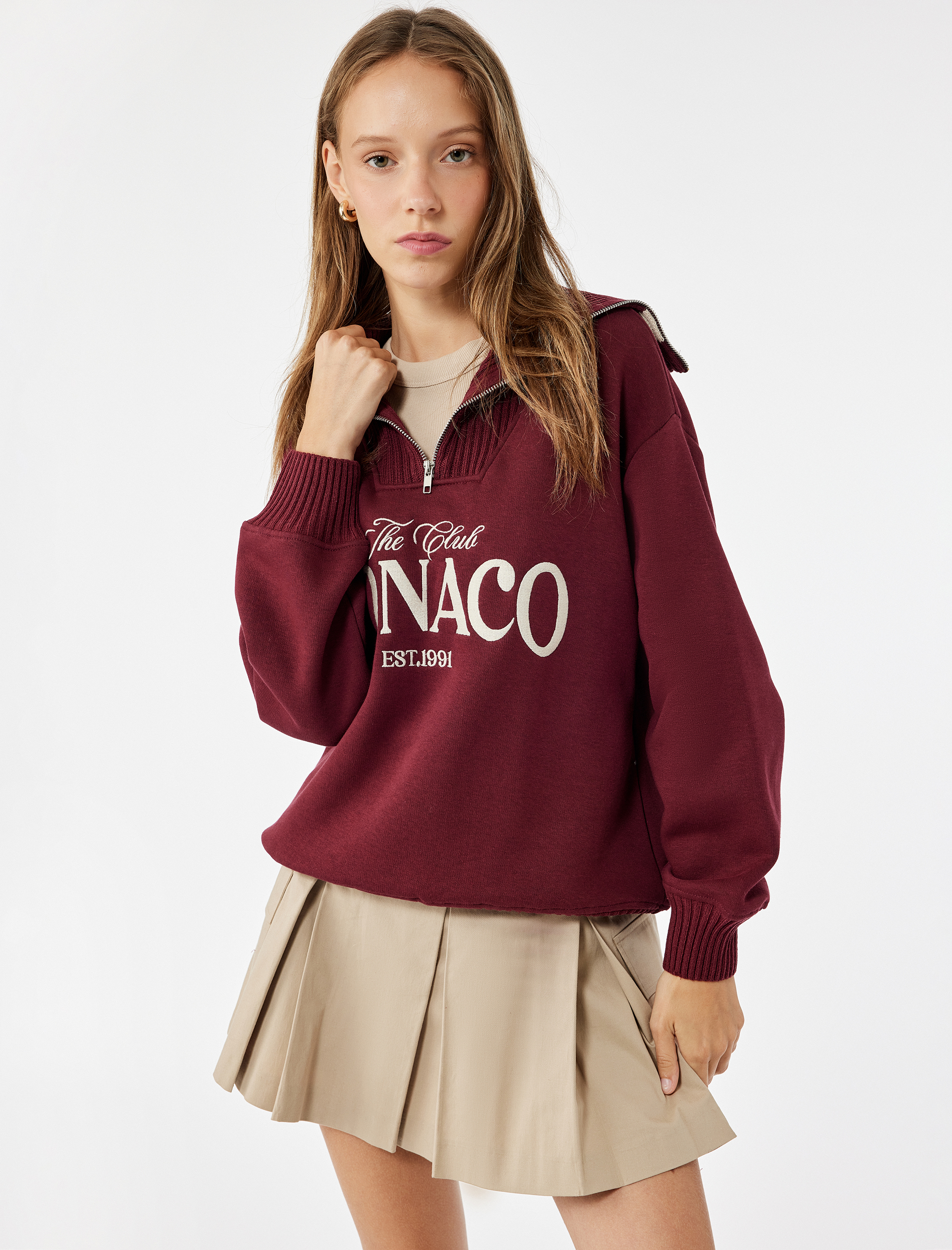   Yarım Fermuarlı Pamuklu Rahat Kalıp Kolej Baskılı Sweatshirt