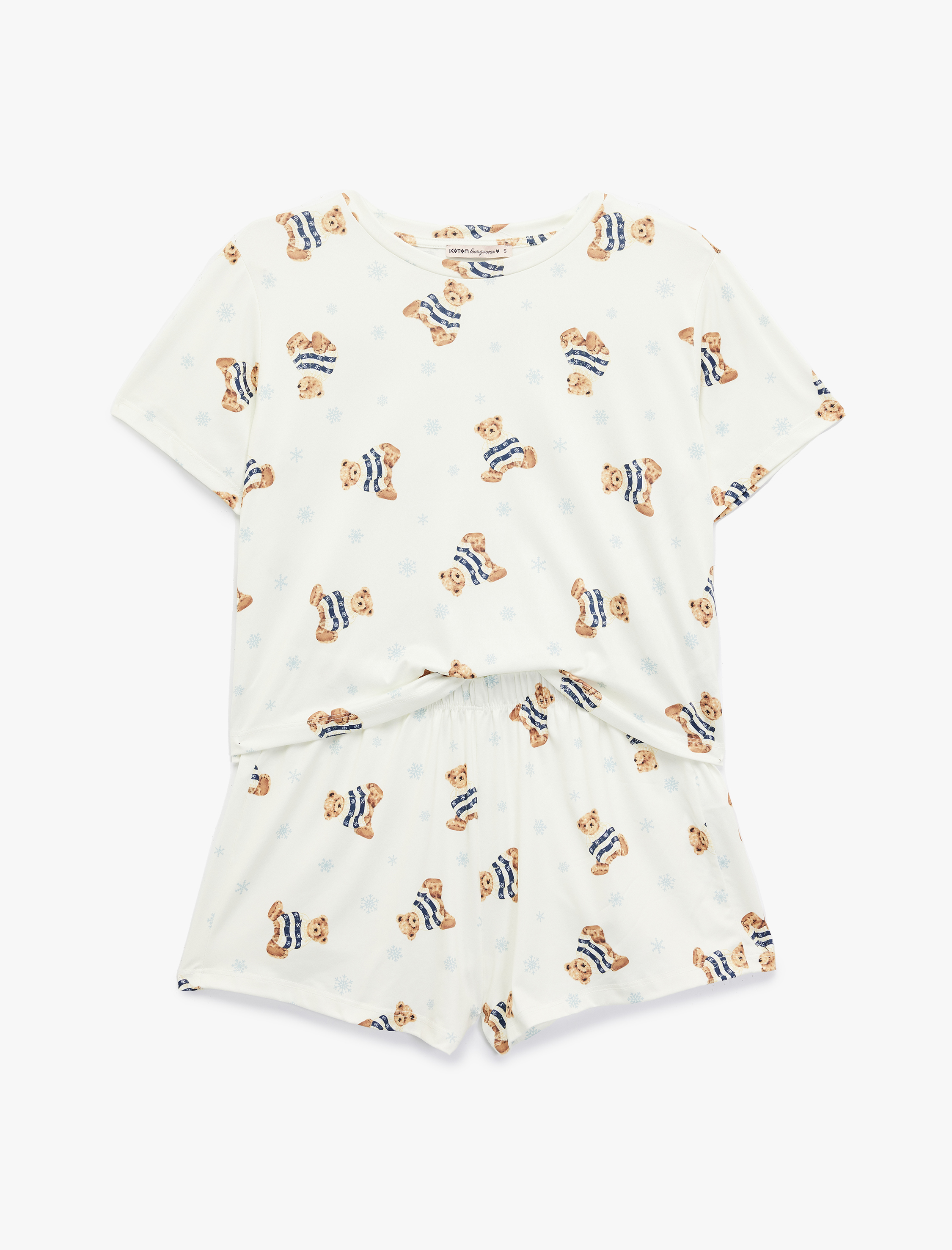   Rahat Kalıp Kısa Kollu Bisiklet Yaka Şortlu Ayıcık Baskılı Örme Pijama Takımı