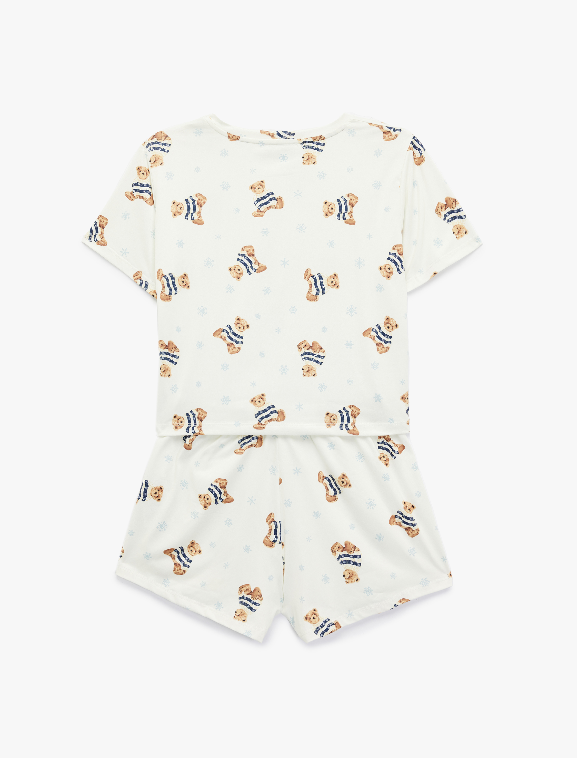   Rahat Kalıp Kısa Kollu Bisiklet Yaka Şortlu Ayıcık Baskılı Örme Pijama Takımı