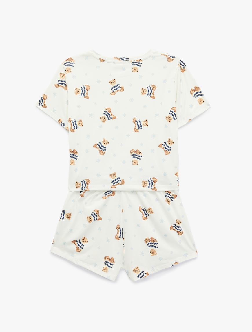   Rahat Kalıp Kısa Kollu Bisiklet Yaka Şortlu Ayıcık Baskılı Örme Pijama Takımı