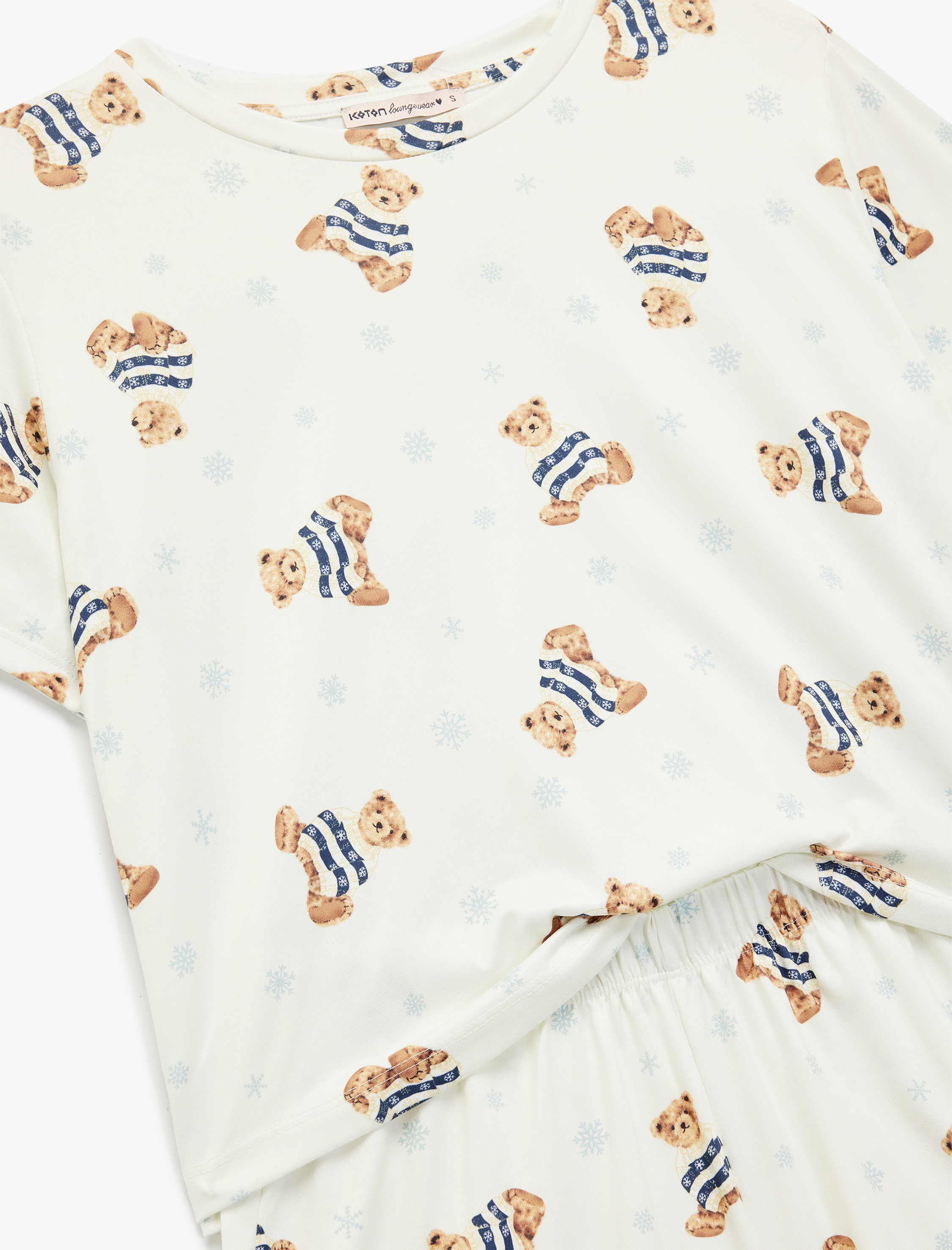   Rahat Kalıp Kısa Kollu Bisiklet Yaka Şortlu Ayıcık Baskılı Örme Pijama Takımı