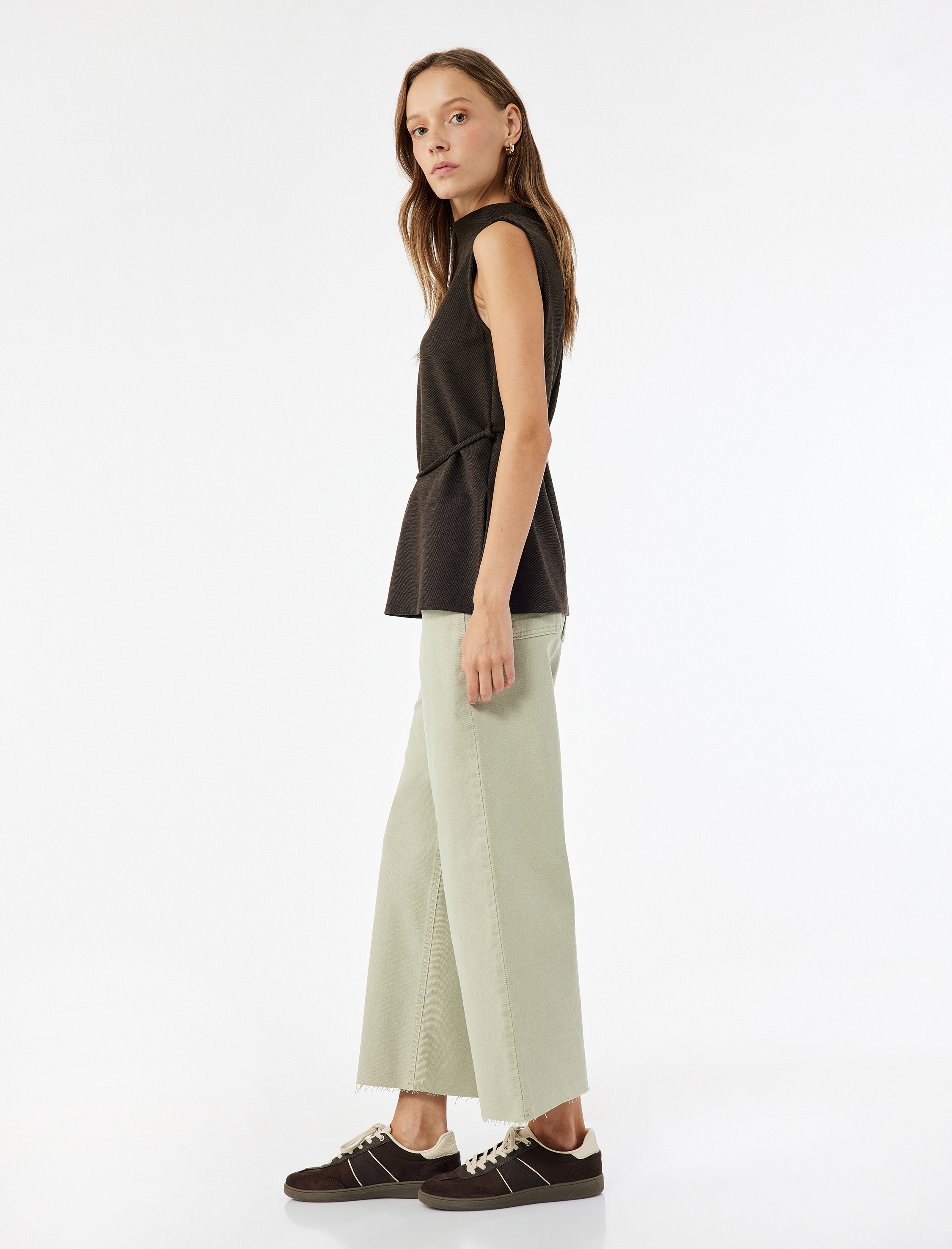   Yüksek Bel Düğmeli Cepli Rahat Kalıp Geniş Paça Denim Pantolon - Culotte Jeans