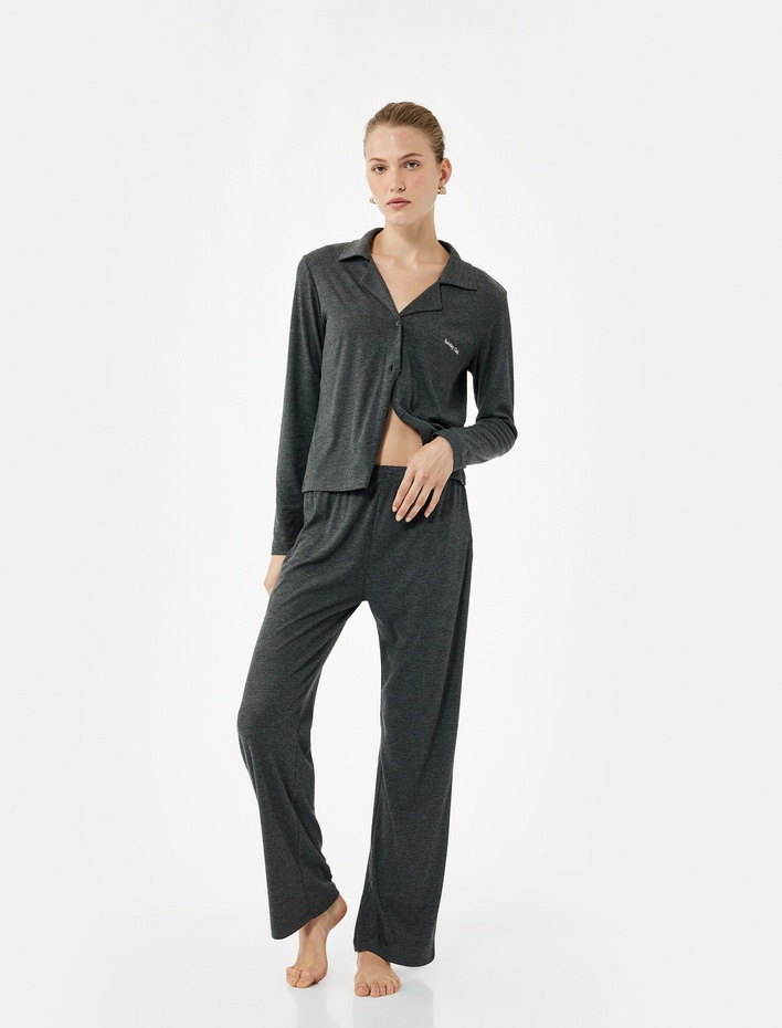  Rahat Kalıp Uzun Kollu Klasik Yaka Düğmeli Pijama Takımı