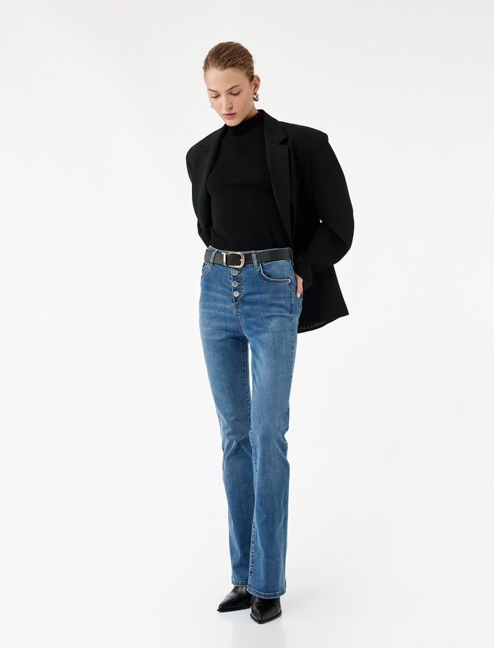  Pamuklu Yüksek Bel Dar Kalıp İspanyol Paça Jean Pantolon