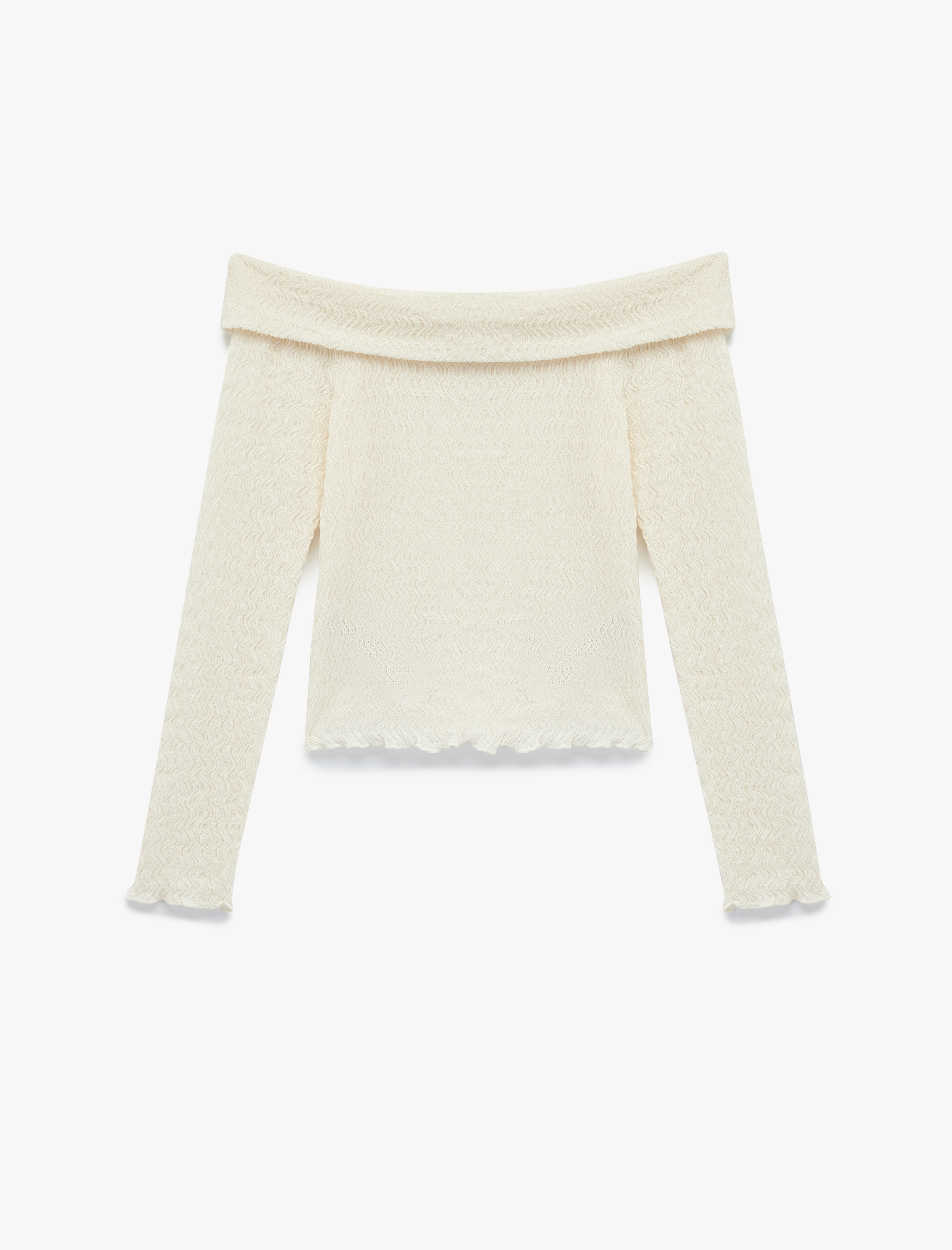   Slim Fit Dokulu Omzu Açık Uzun Kollu Tişört