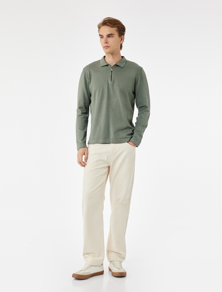  Uzun Kollu Basic Viskon Yarım Fermuarlı Triko Kazak