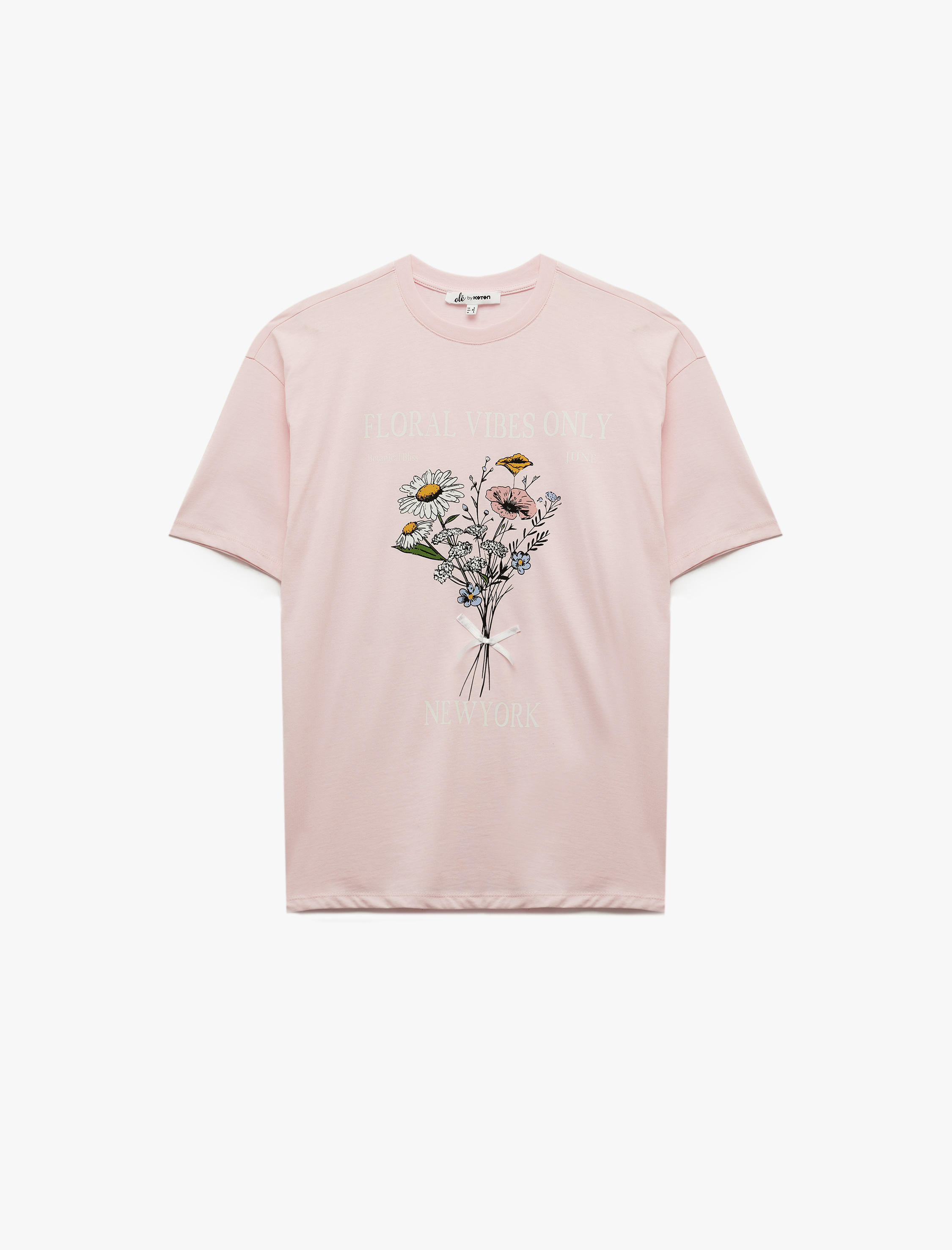   Rahat Kalıp Kısa Kollu Bisiklet Yaka Pamuklu Çiçek Baskılı Tişört