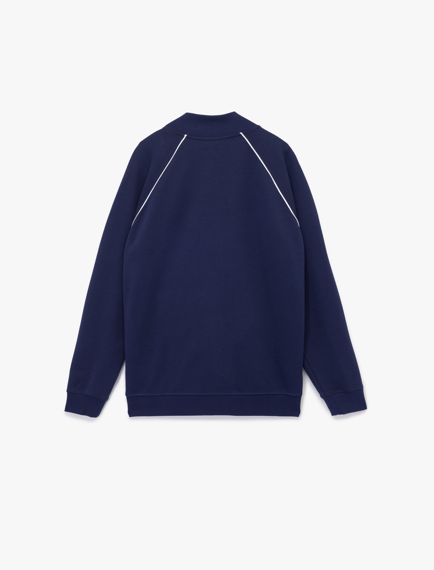   Uzun Kollu Çizgi Detaylı Cepli Pamuklu Dik Yaka Fermuarlı Sweatshirt