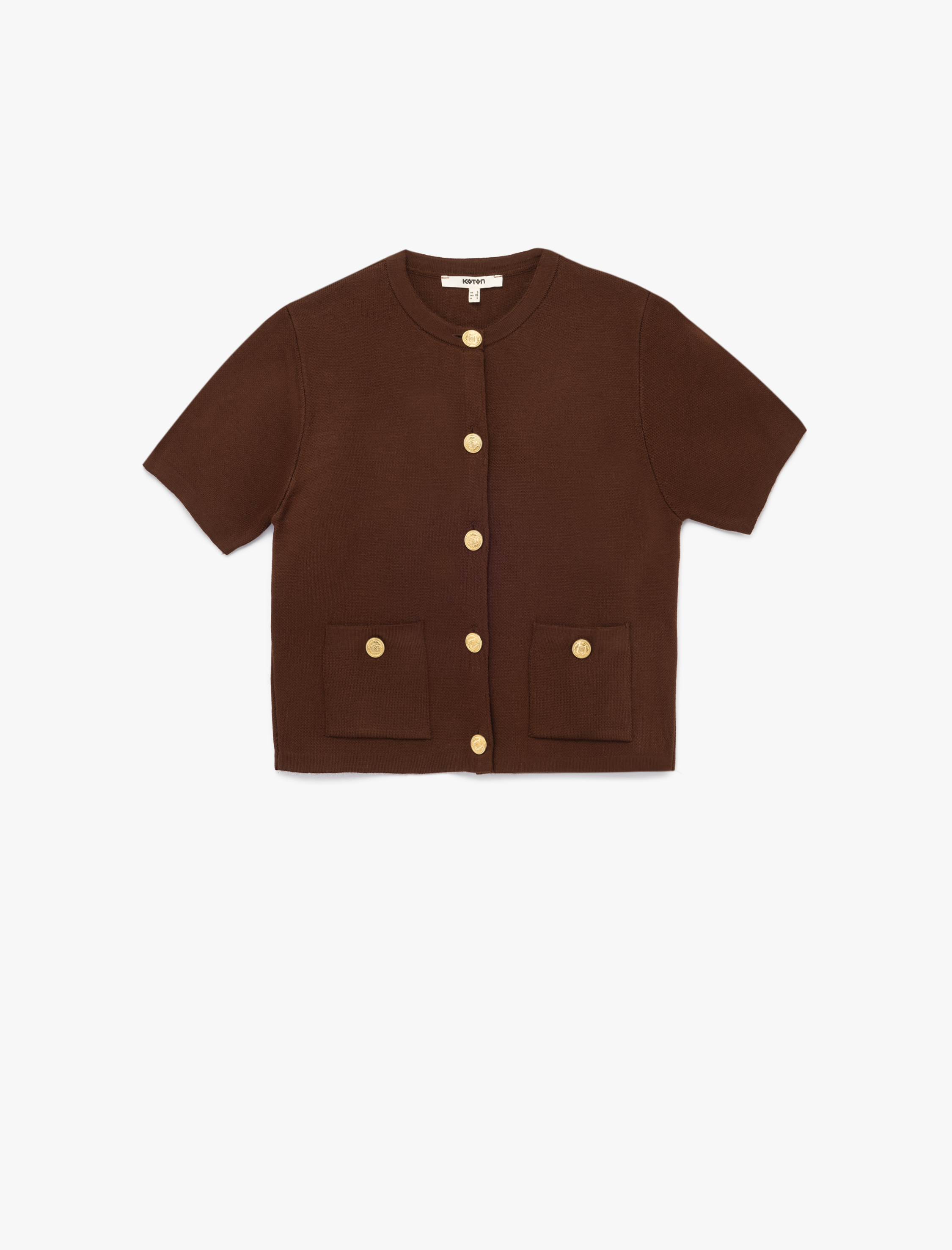   Düğmeli Kısa Kollu Bisiklet Yaka Cep Detaylı Triko Hırka