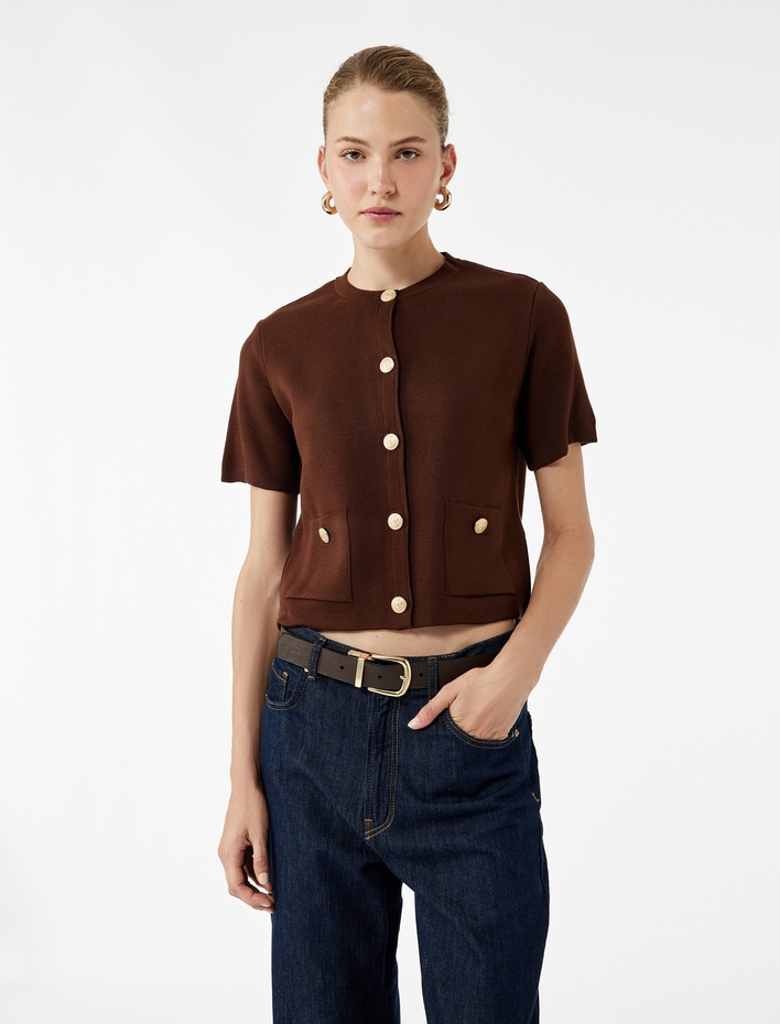  Düğmeli Kısa Kollu Bisiklet Yaka Cep Detaylı Triko Hırka