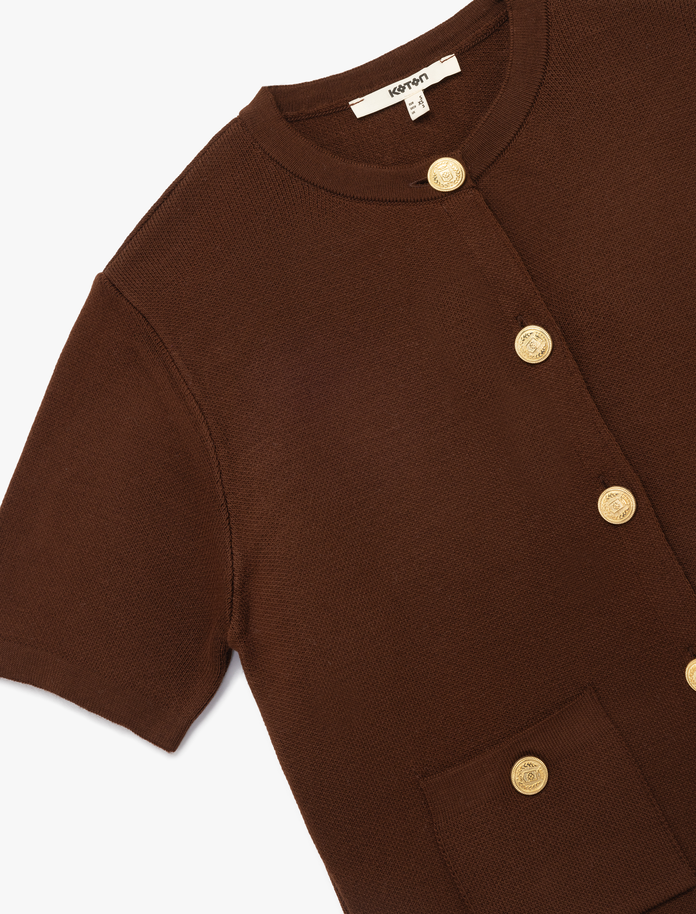   Düğmeli Kısa Kollu Bisiklet Yaka Cep Detaylı Triko Hırka