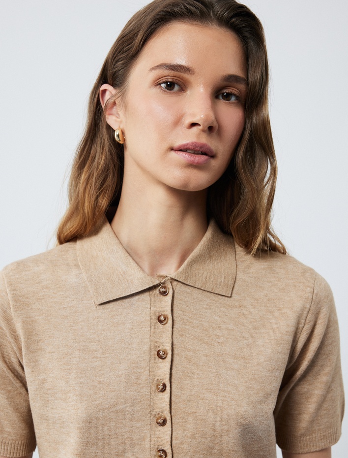  Viskon Karışımlı Kısa Kollu Düğmeli Triko Polo Yaka Kazak