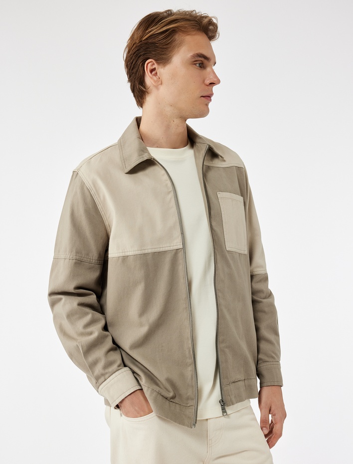  Pamuklu Cep Detaylı Renk Kontrastlı Klasik Yaka Uzun Kollu Fermuarlı Gömlek Ceket