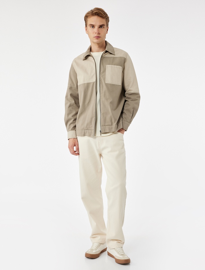  Pamuklu Cep Detaylı Renk Kontrastlı Klasik Yaka Uzun Kollu Fermuarlı Gömlek Ceket