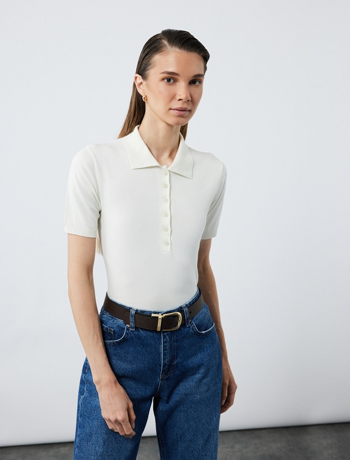  Viskon Karışımlı Kısa Kollu Düğmeli Triko Polo Yaka Kazak