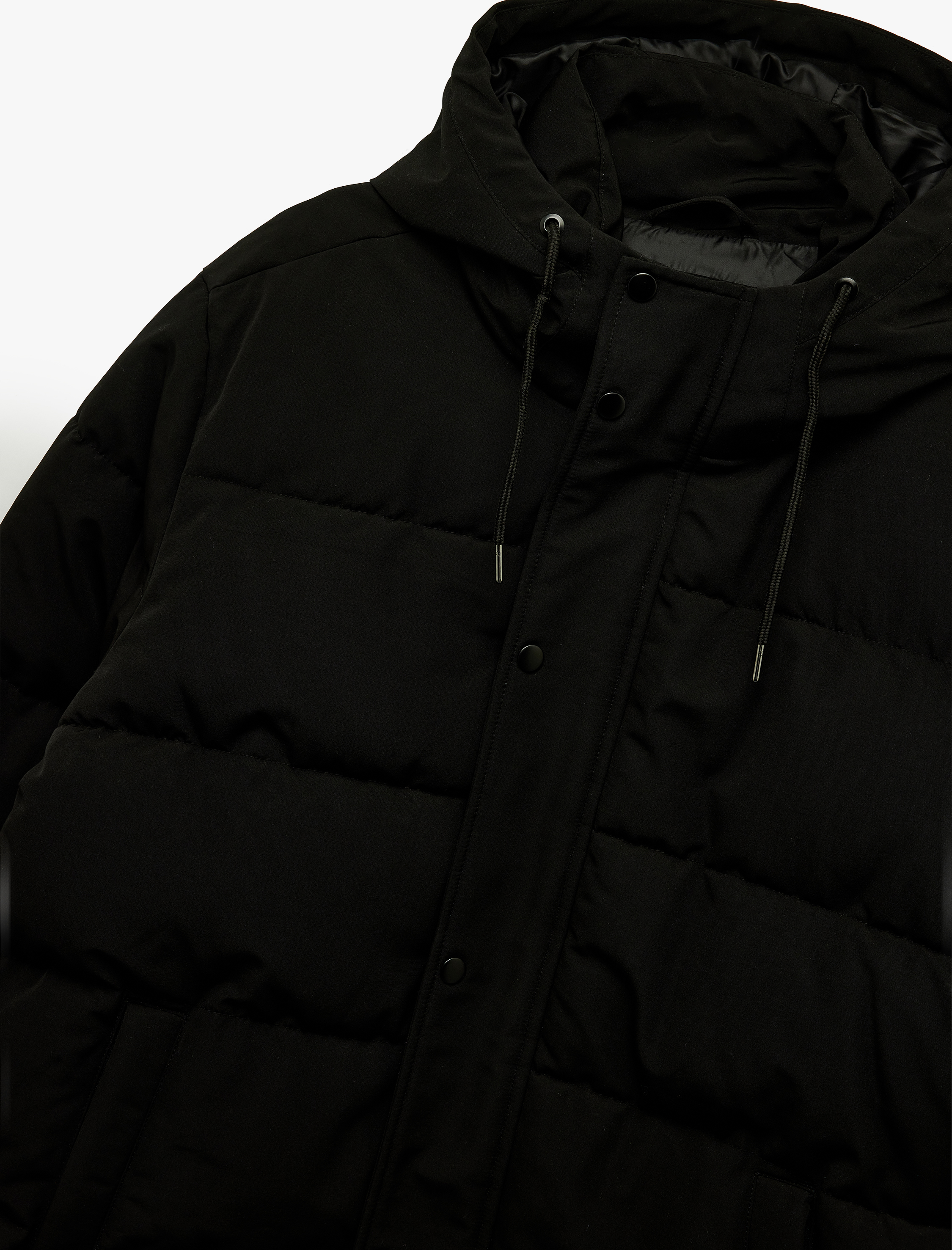 Kapüşonlu Uzun Kollu Düğmeli Cep Detaylı Kışlık Şişme Mont