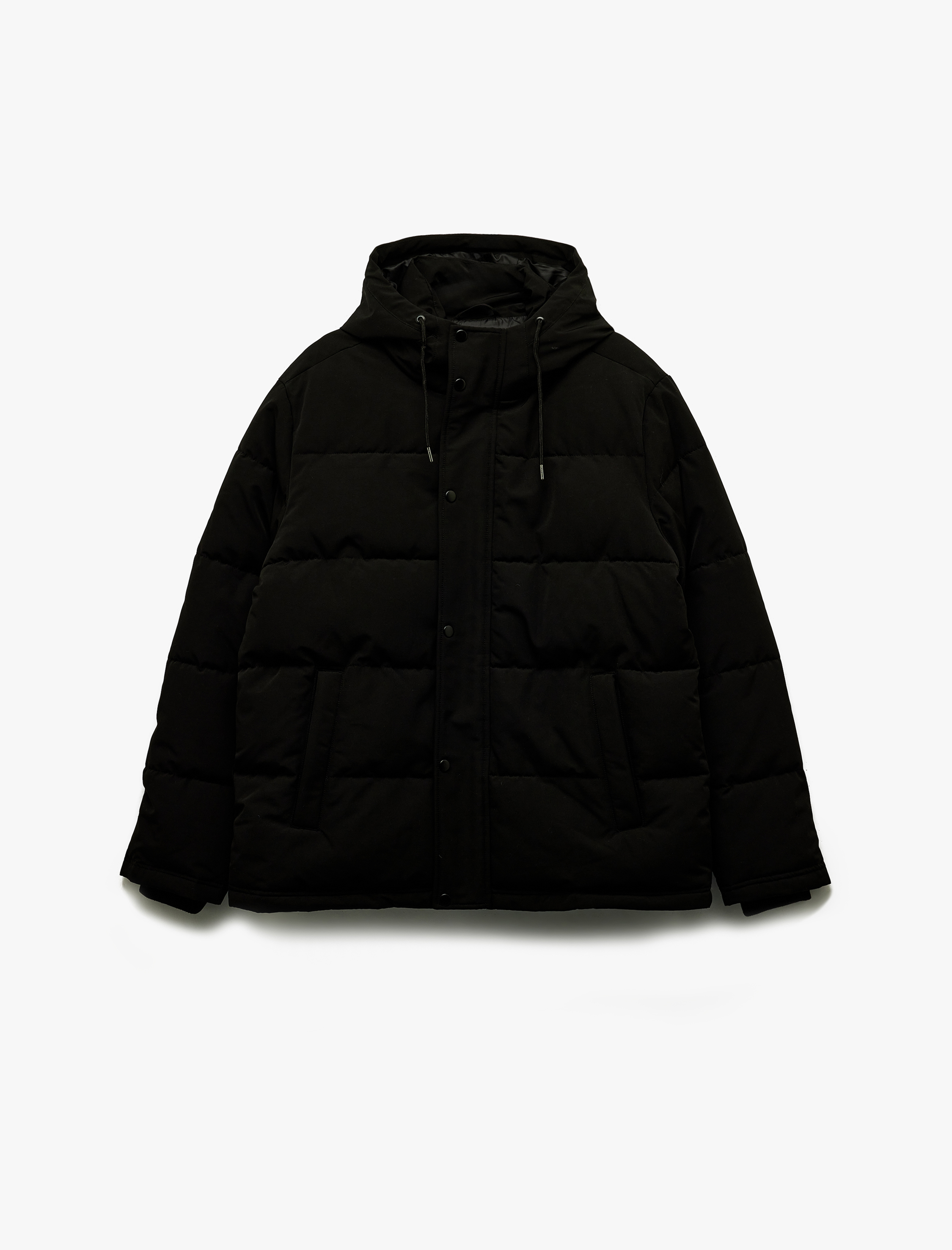 Kapüşonlu Uzun Kollu Düğmeli Cep Detaylı Kışlık Şişme Mont