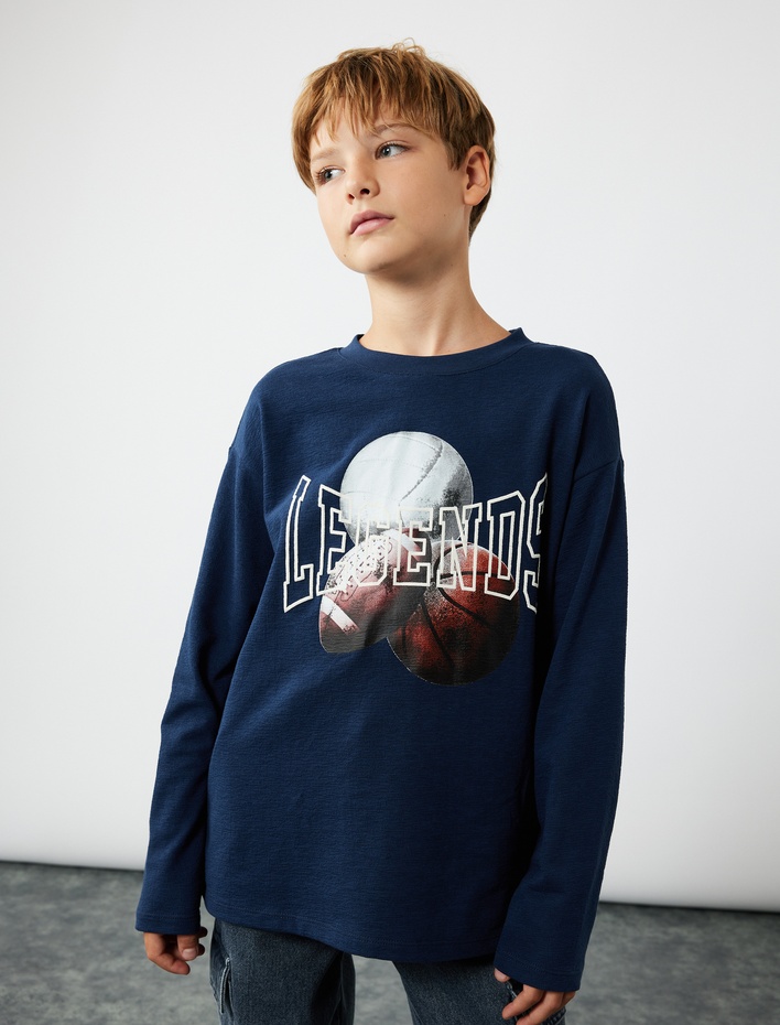 Erkek Çocuk Baskılı Pamuklu Bisiklet Yaka Uzun Kollu Tişört