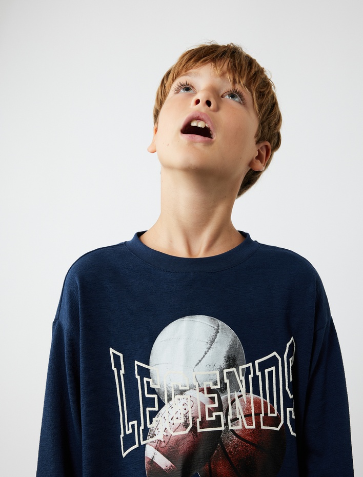 Erkek Çocuk Baskılı Pamuklu Bisiklet Yaka Uzun Kollu Tişört