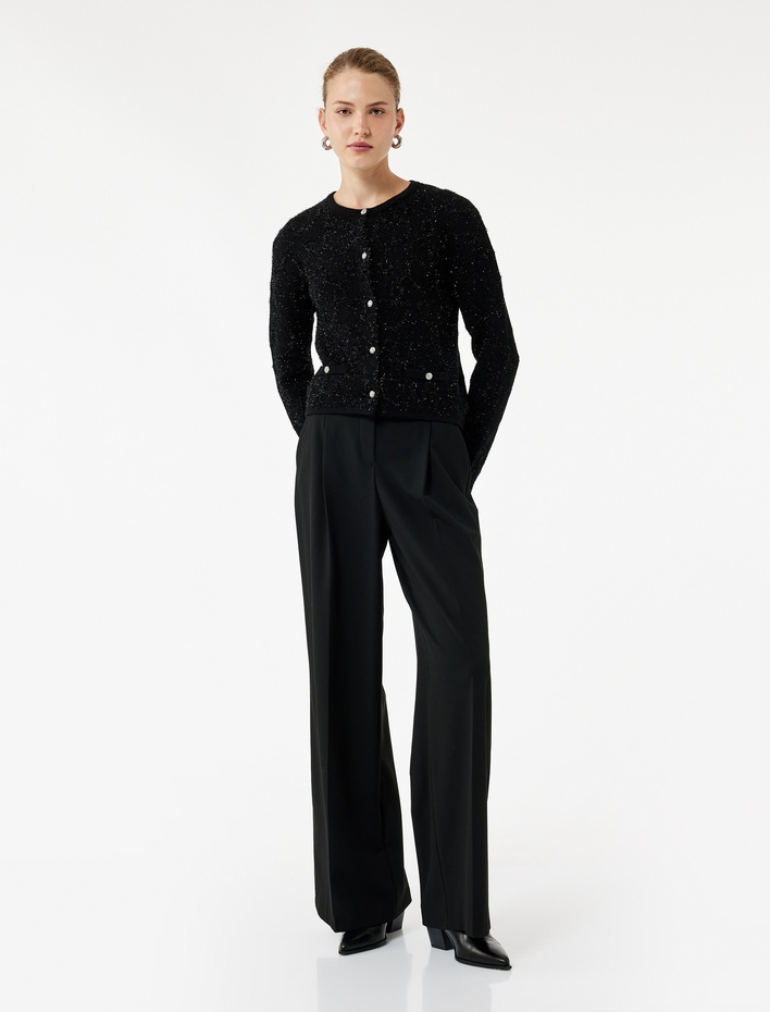  Düğmeli Uzun Kollu Metalik İplik Detaylı Triko Hırka