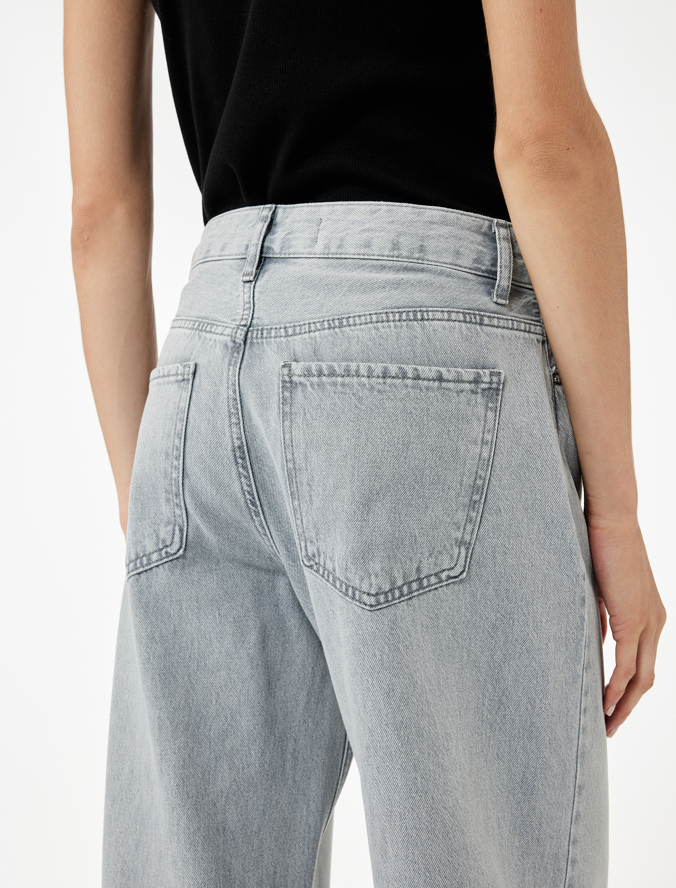   Normal Bel Düğmeli Cepli Pamuklu Geniş Paça Jean Pantolon - Bianca Wide Leg Jeans