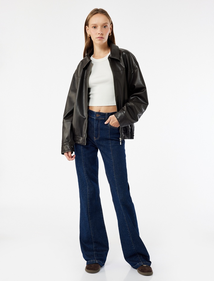  Pamuklu Yüksek Bel Dar Kalıp İspanyol Paça Jean Pantolon - Flare Jeans