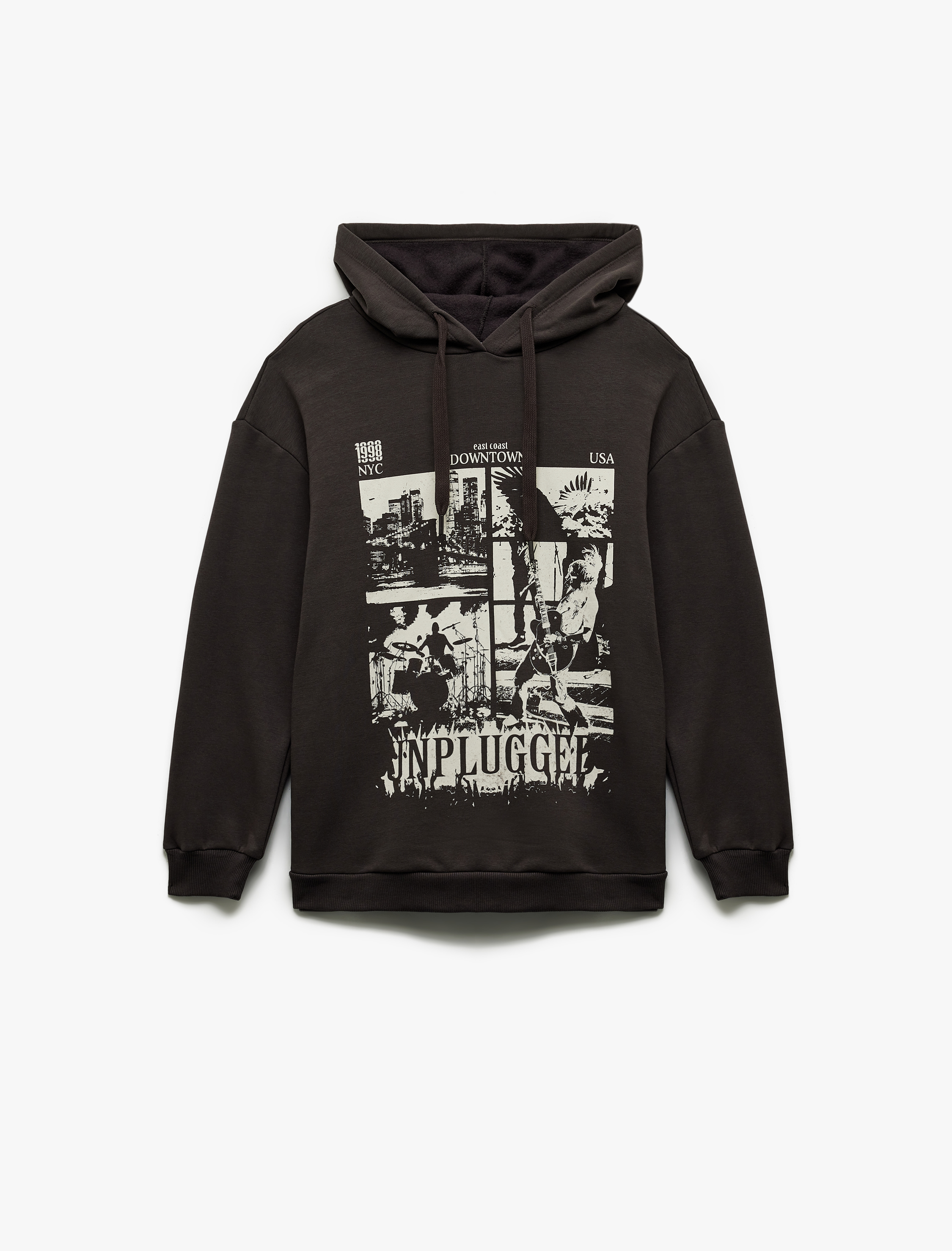   Şardonlu Uzun Kollu Kapüşonlu Baskılı Oversize Sweatshirt