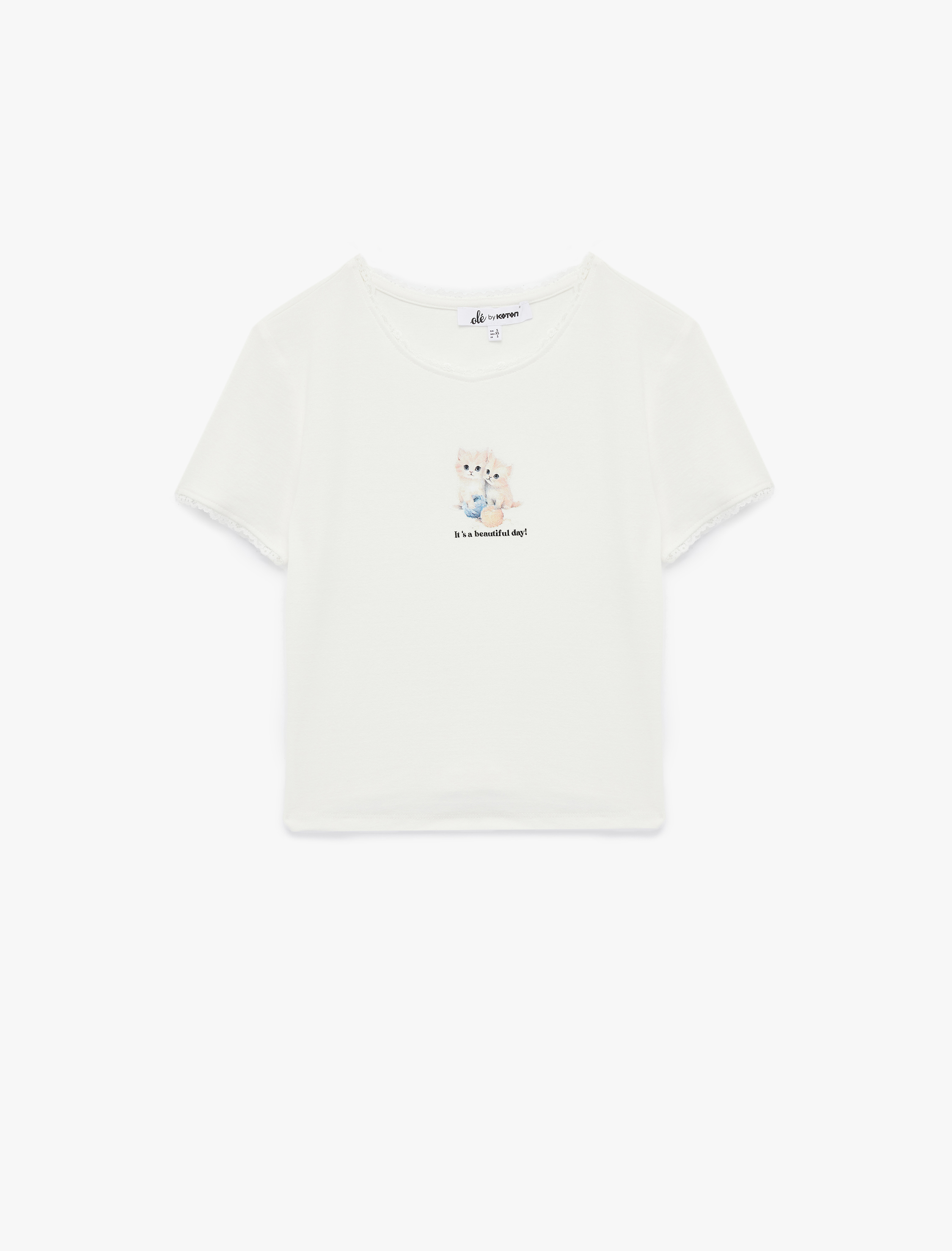 Kısa Kollu Bisiklet Yaka Pamuklu Kedi Baskılı Tişört