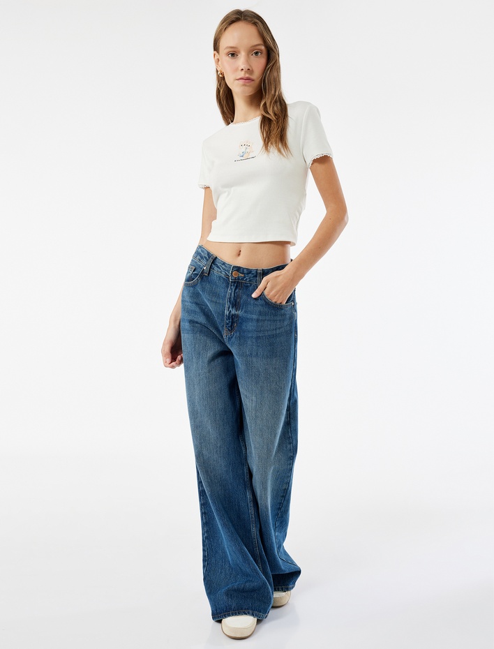  Kısa Kollu Bisiklet Yaka Pamuklu Kedi Baskılı Tişört