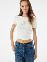 Kısa Kollu Bisiklet Yaka Pamuklu Kedi Baskılı Tişört