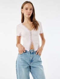 Slim Fit Kısa Kollu Dantelli Pamuklu V Yaka Tişört