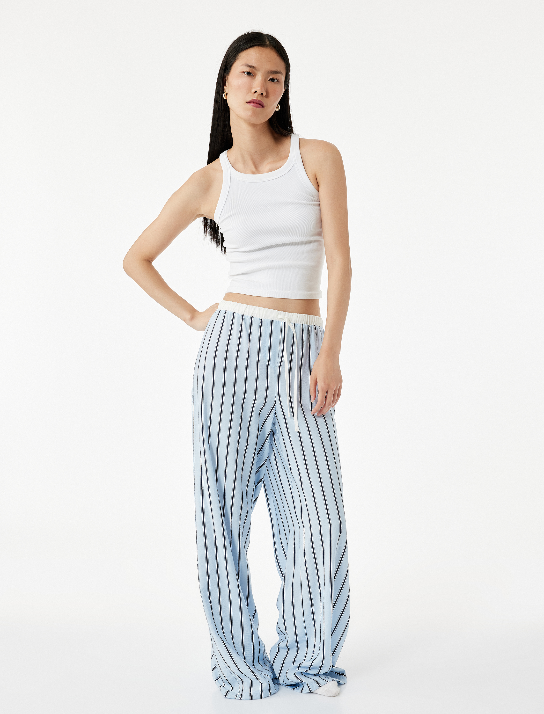   Viskon Kumaş Rahat Kalıp Lastik Detaylı Çizgili Pijama Altı