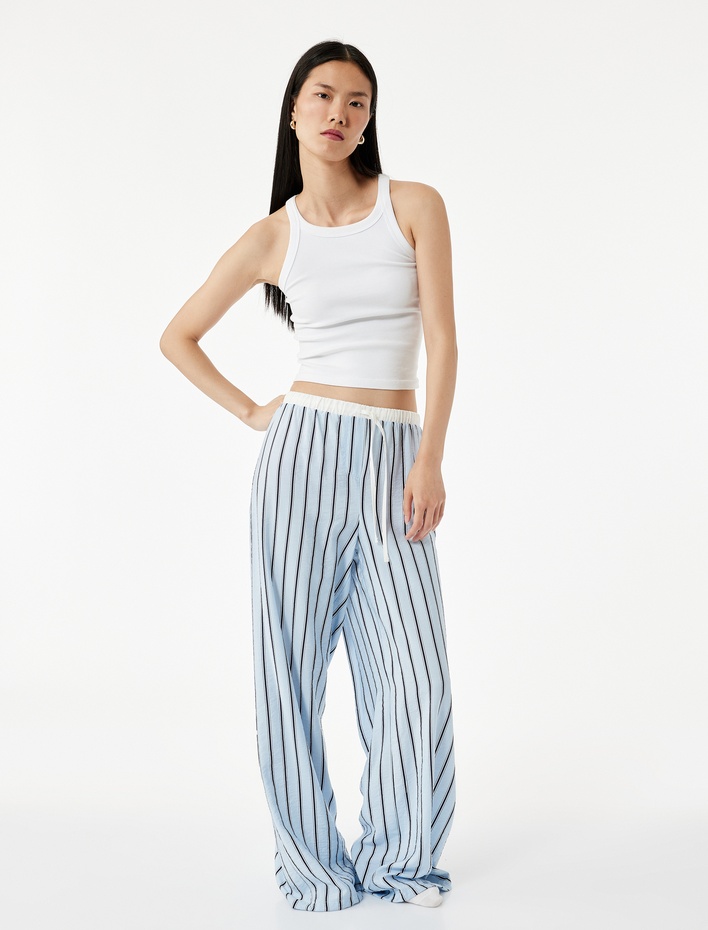  Viskon Kumaş Rahat Kalıp Lastik Detaylı Çizgili Pijama Altı