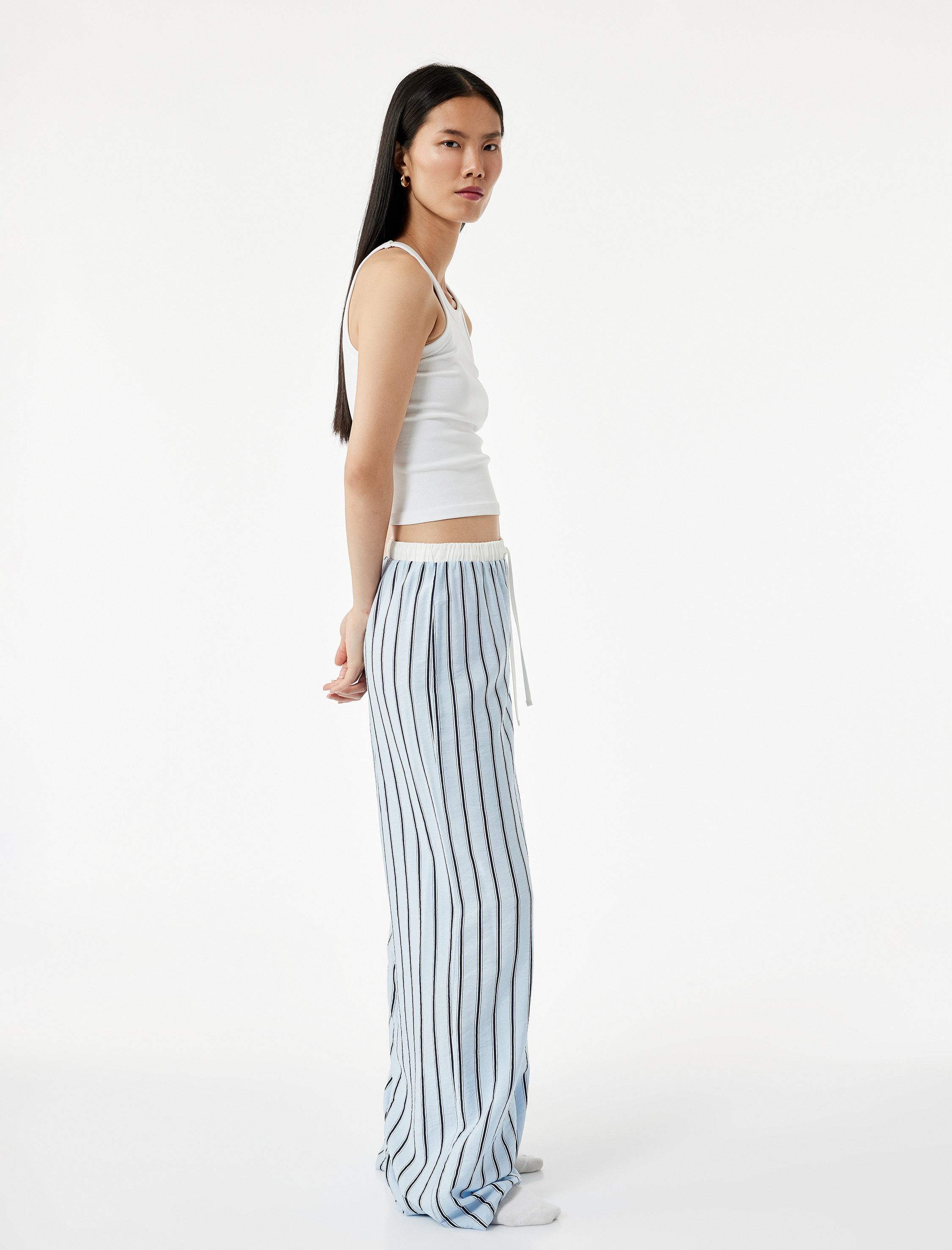   Viskon Kumaş Rahat Kalıp Lastik Detaylı Çizgili Pijama Altı