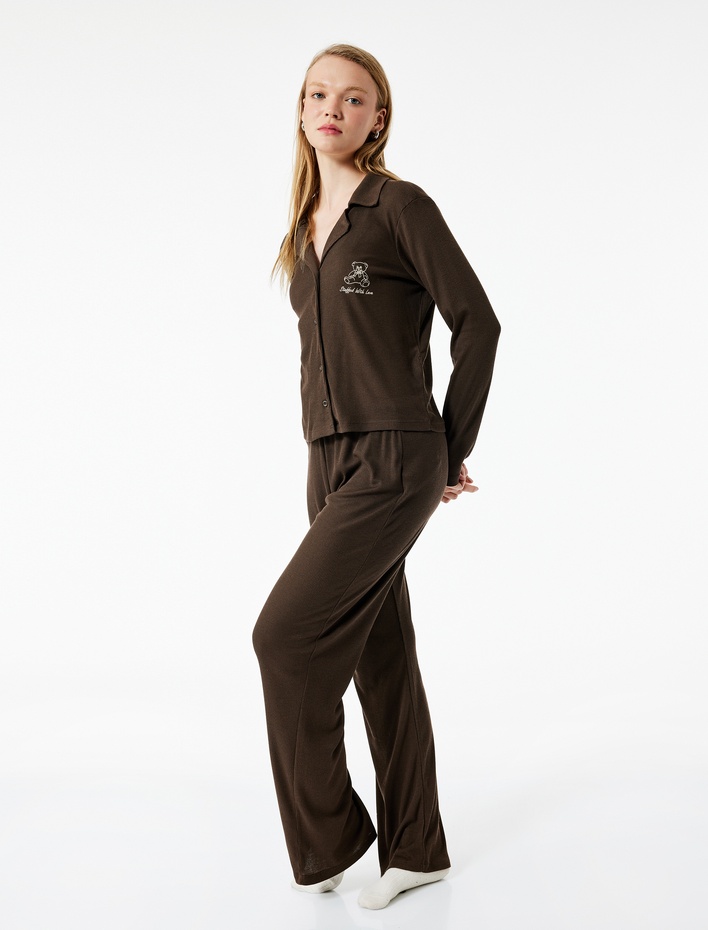  Rahat Kalıp Uzun Kollu Gömlek Yaka Pijama Takımı