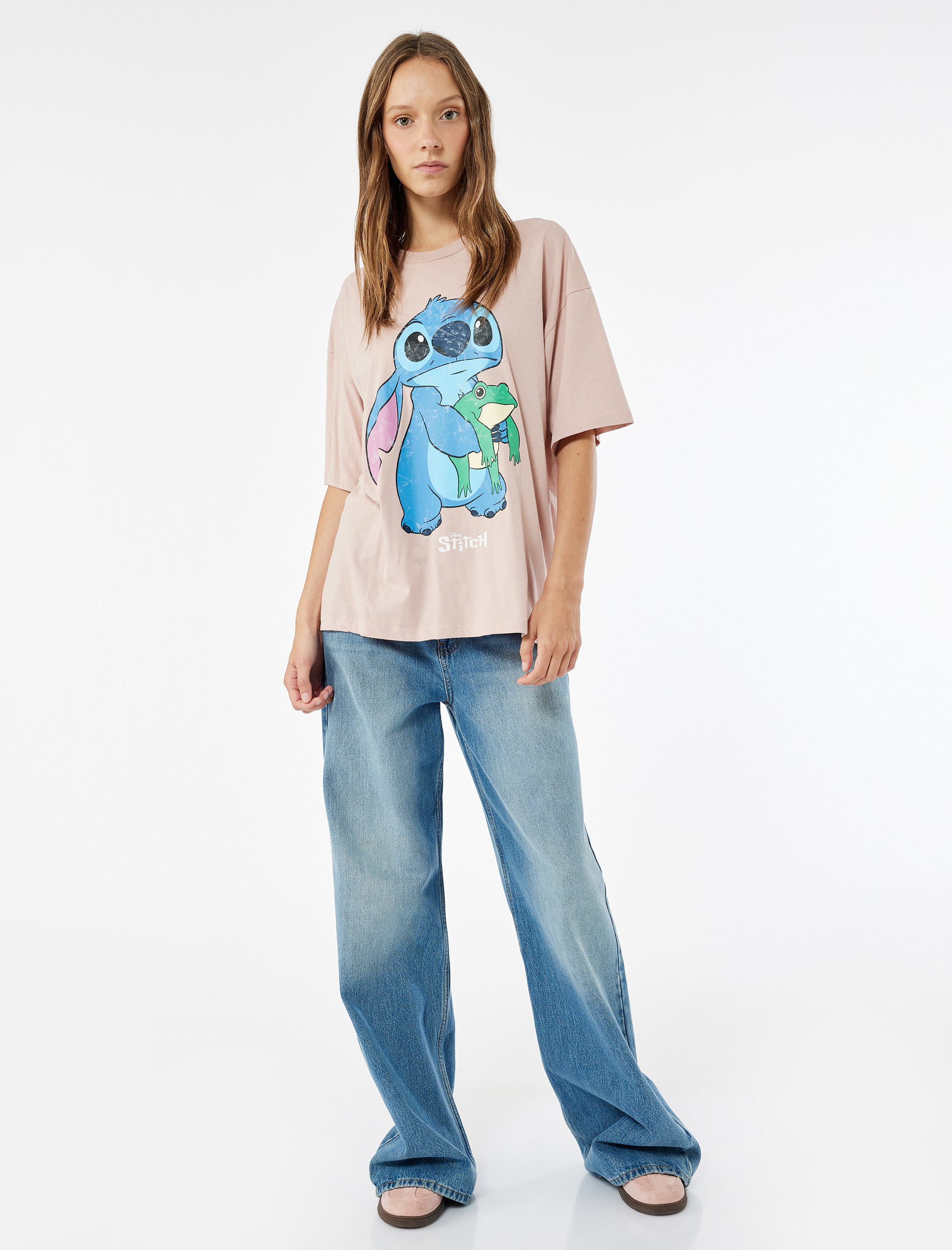 Stitch Lisanslı Kısa Kollu Bisiklet Yaka Baskılı Oversize Tişört