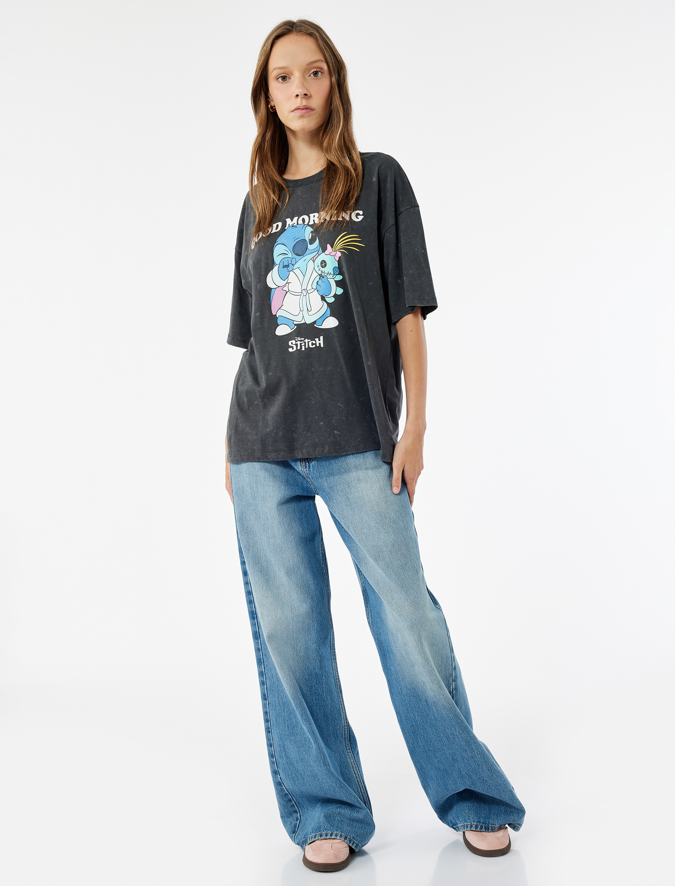 Stitch Lisanslı Kısa Kollu Bisiklet Yaka Baskılı Oversize Tişört