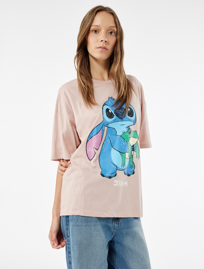  Stitch Lisanslı Kısa Kollu Bisiklet Yaka Baskılı Oversize Tişört
