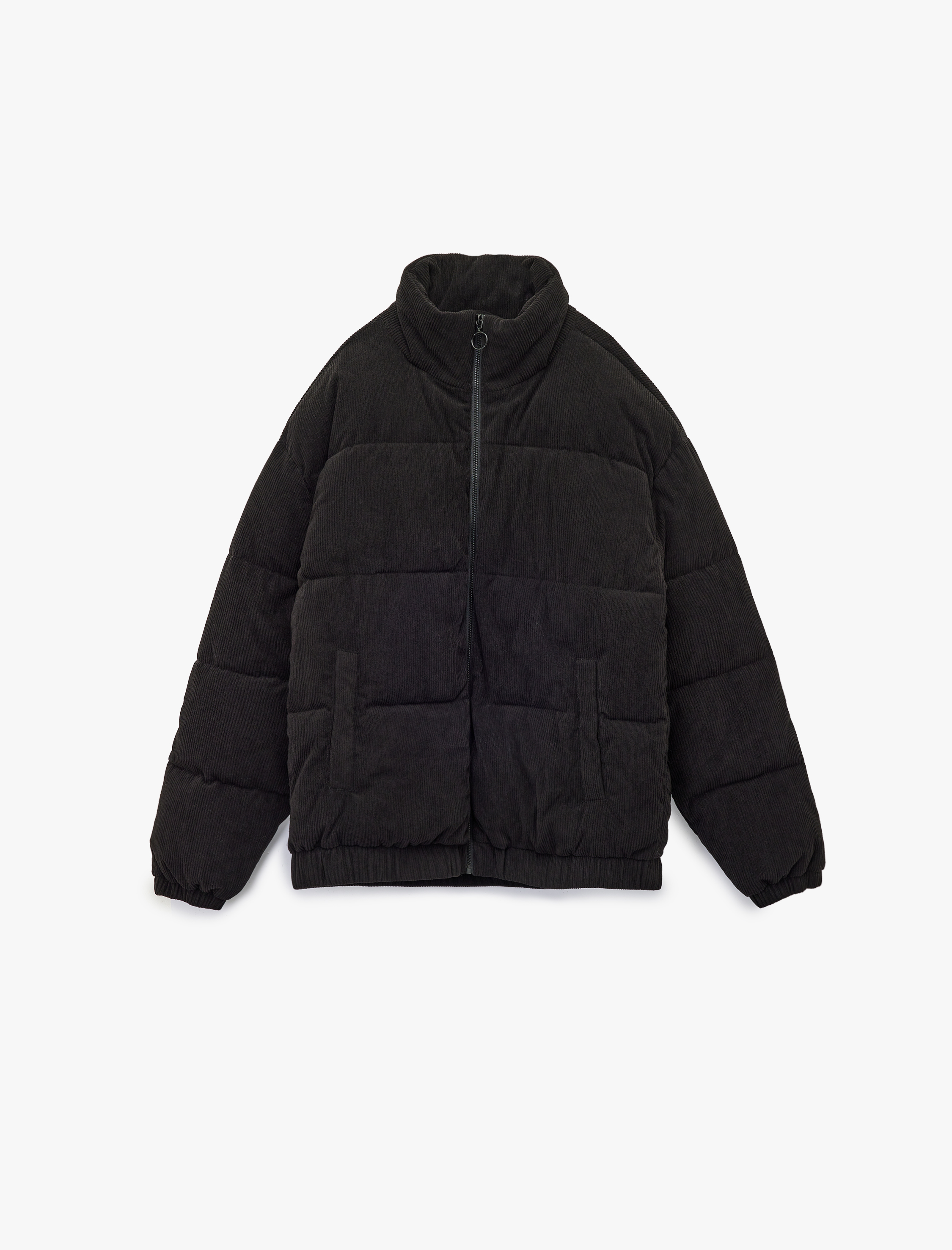 Dik Yaka Uzun Kollu Cep Detaylı Fitilli Fermuarlı Kışlık Şişme Mont