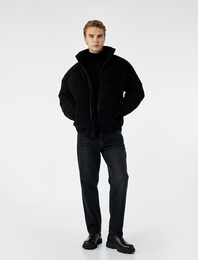 Dik Yaka Uzun Kollu Cep Detaylı Fitilli Fermuarlı Kışlık Şişme Mont