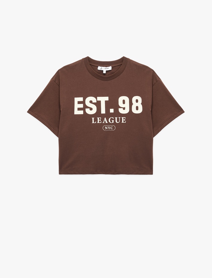  Kısa Kollu Bisiklet Yaka Baskılı Oversize Tişört