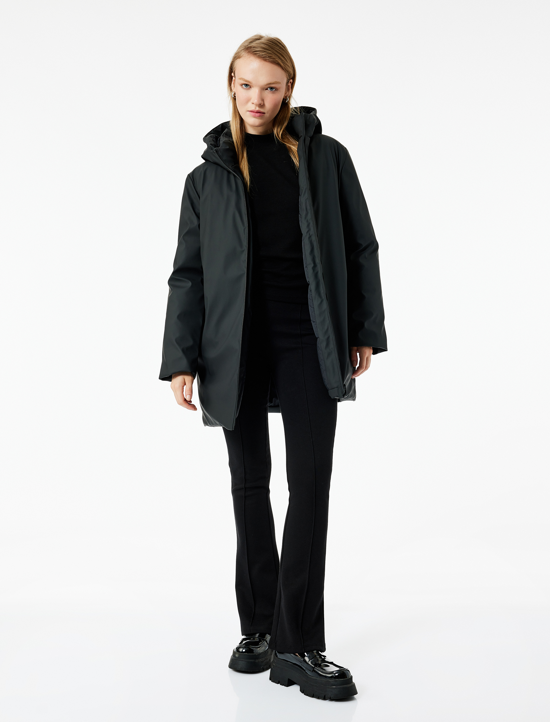   Kapüşonlu Su İtici Uzun Kollu Fermuarlı Cep Detaylı Anorak Mont